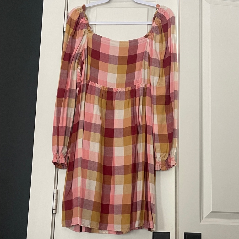 LOFT Plaid Square Neck Long Sleeve Dress Pink Gold Burgundy - M